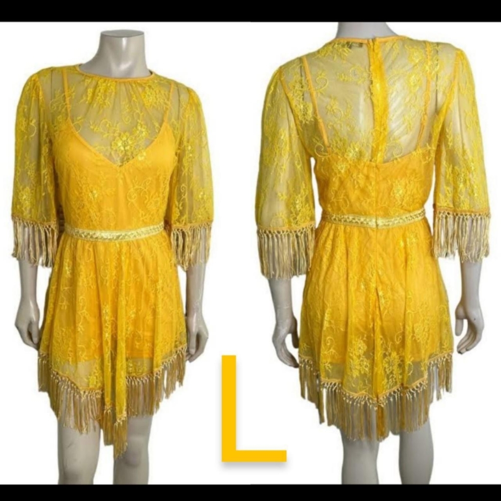🆕Mustard Yellow Lace Double Layer Bohemian Romper Dress~Size L